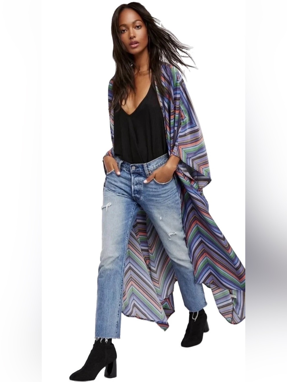 Free People Intimately Mojave Kimono Duster Robe Multicolor Chevron Stripe 1 Sz